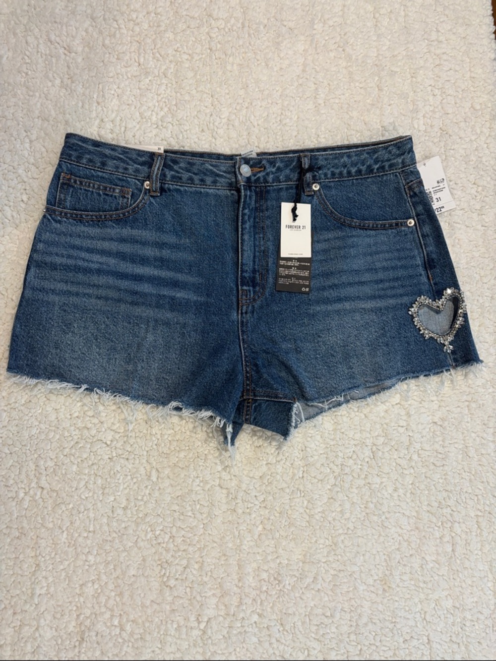 Forever 21 Dark Blue Denim Cutoff Shorts with Beaded Heart Accent